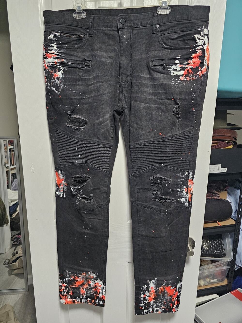 Rock Star Original Men Black Distressed Jeans Zippers Pockets Paint Size 40